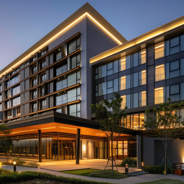 Modern hotel facade illuminated at dusk with warm lighting, landscaping, and clear skies, suitable for business travel and tourism concepts