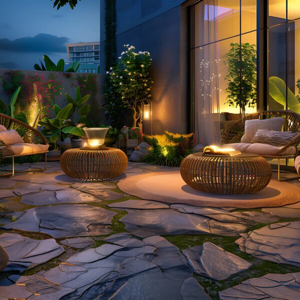 Modern apartment patio with flagstone flooring, natural light, contemporary furniture, vibrant plants, lights, and wicker chairs for a summer night..