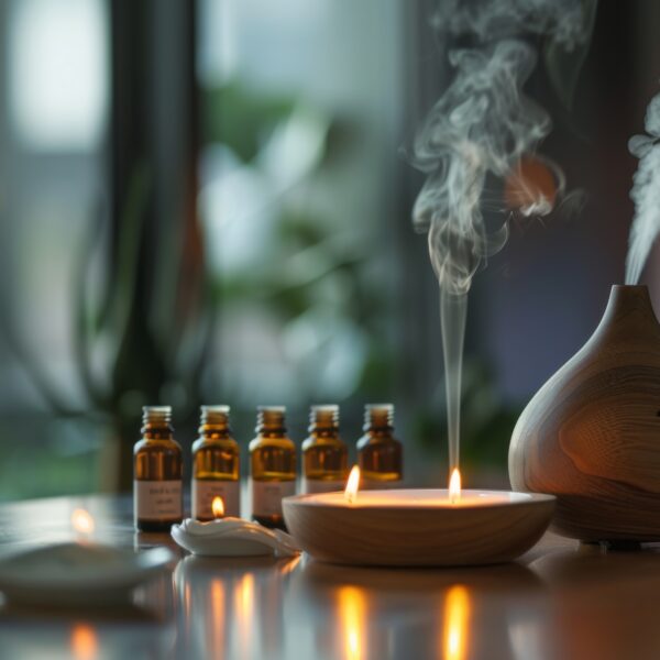 A calming atmosphere with essential oils and diffusers, perfect for unwinding and rejuvenating. The setup invites you to breathe in the tranquility and let go of stress.