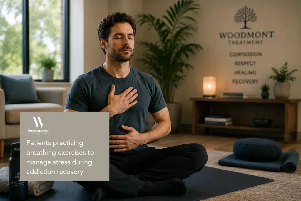 How Mindfulness and Yoga Can Aid in Addiction Recovery 3 Person practicing breathing exercises to manage stress during addiction recovery