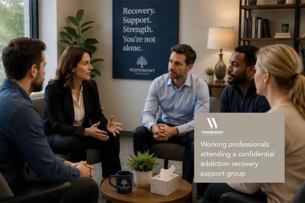 Professional group therapy session focused on addiction recovery and emotional support.