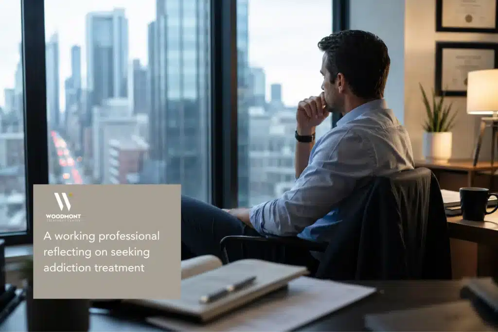 Professional individual reflecting during addiction recovery and mental health treatment.