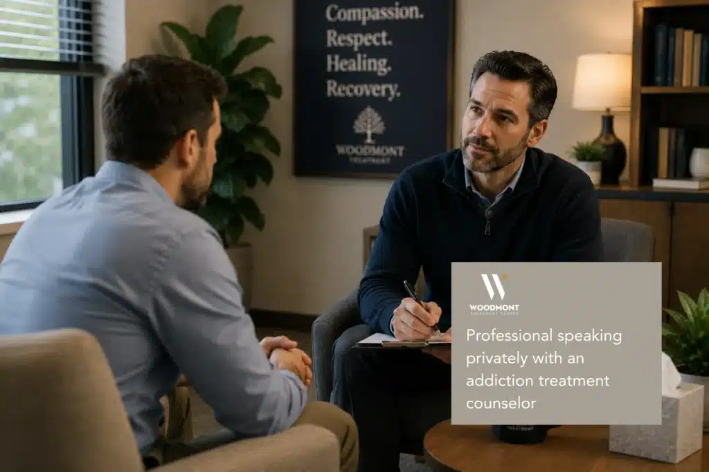 Professional speaking privately with an addiction treatment counselor.