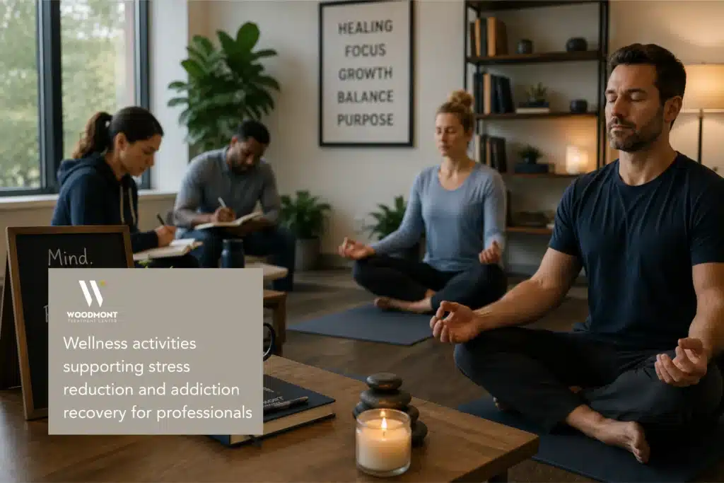 Wellness activities supporting stress reduction and addiction recovery for professionals.