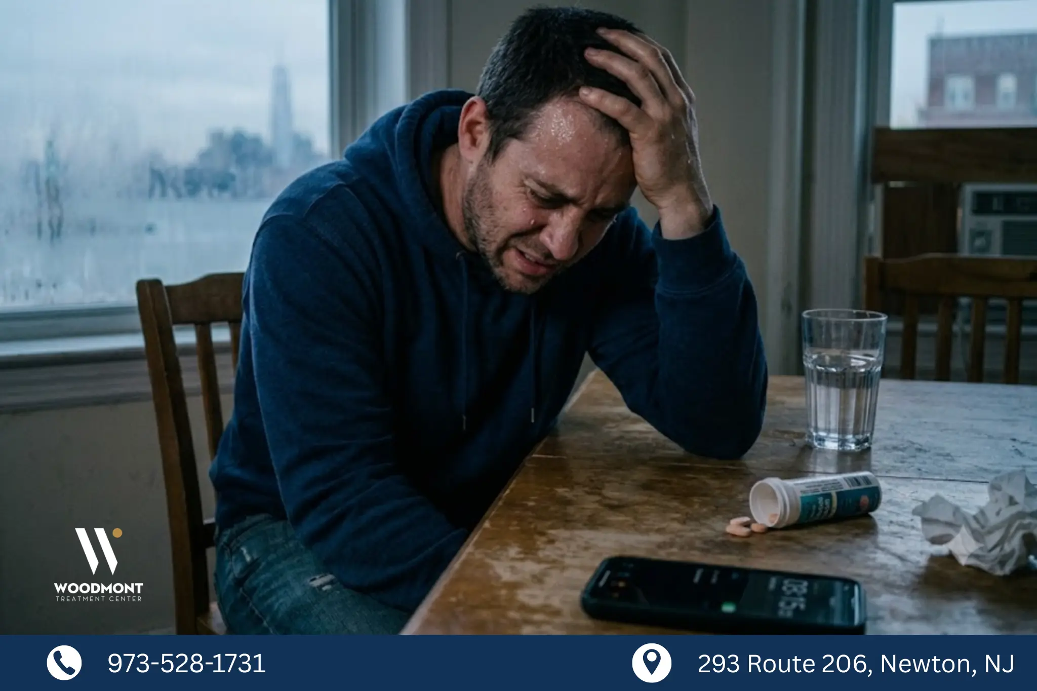 Alcohol Withdrawal Timeline: What Happens in the First 72 Hours? (Day-by-Day Guide) 1 Man in distress, sitting at table.